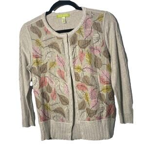 Sigrid Olsen Silk Cardigan Sweater NWT Beige Leaf Print Sz Sm Preppy Classic